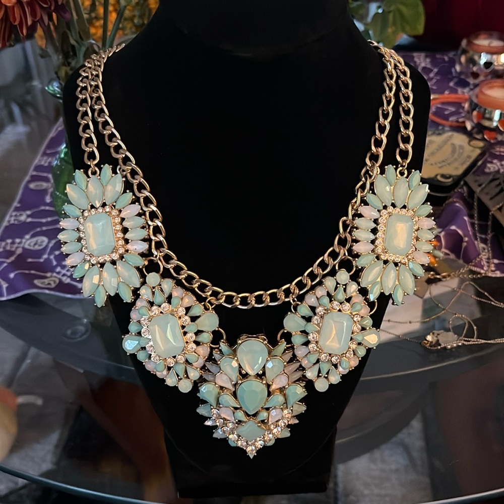 Seafoam Blue Rhinestone Statement Necklace
